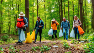 Группа туристов во время экологического похода в лес экотуризм 2025