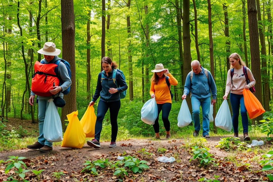Группа туристов во время экологического похода в лес